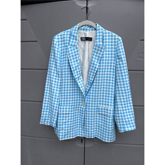 Zara Blazer Blue & White Gingham Blazer Bloggers Favorite Preppy Clueless Sz L - Picture 2 of 16